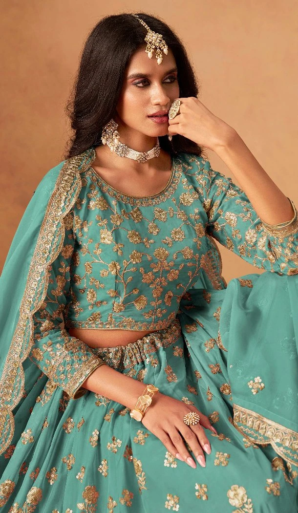 Women Embroidery Work Designer Lehenga Choli Organza Blue - 13562213475