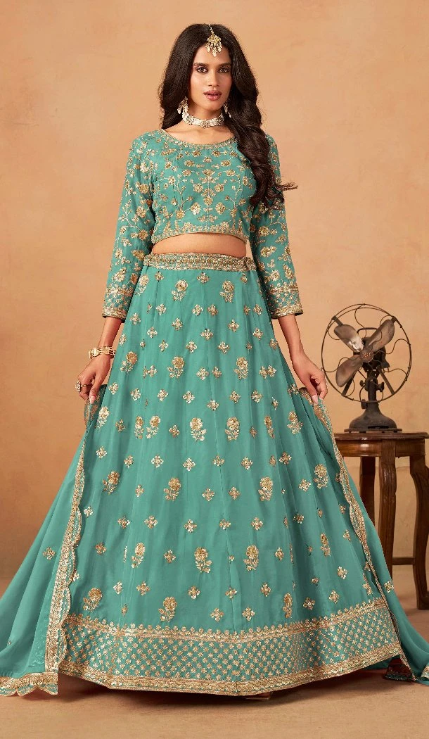 Women Embroidery Work Designer Lehenga Choli Organza Blue - 13562213475