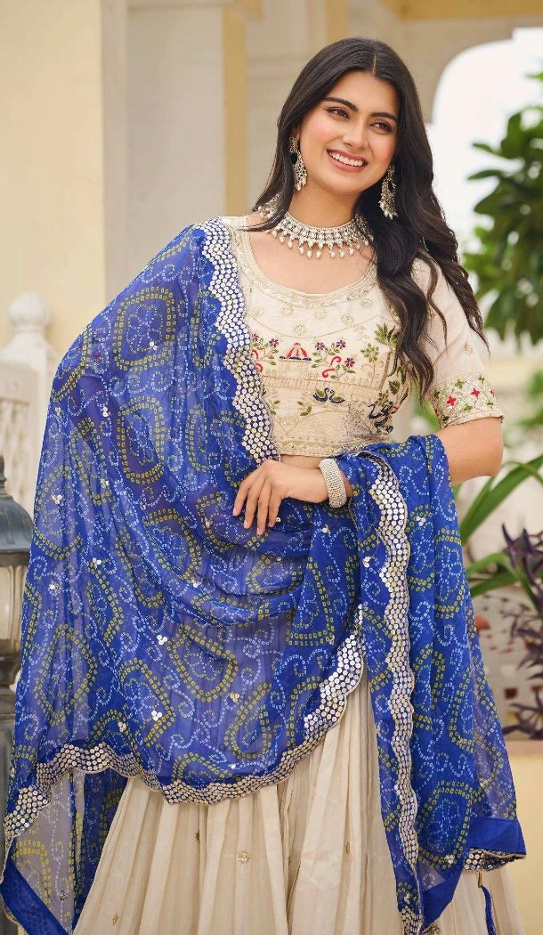 Women Embroidery Party Wear Lehenga Choli Cream Pure Tissue Silk - 13571213504