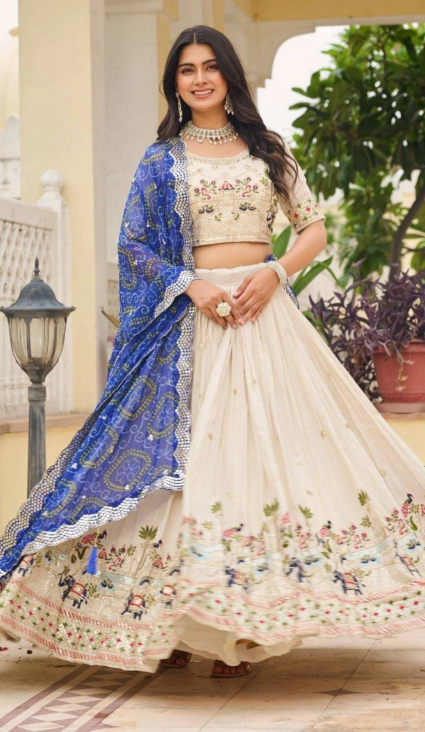 Women Embroidery Party Wear Lehenga Choli Cream Pure Tissue Silk - 13571213504