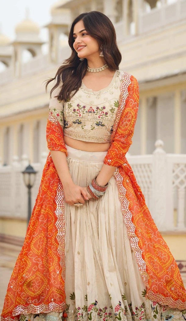 Women Party Wear Lehenga Choli Embroidery Cream Pure Tissue Silk - 13571213505