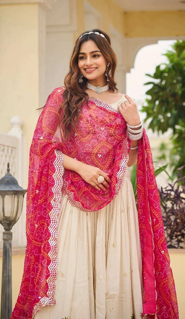 Women Cream Pure Tissue Silk Embroidery Party Wear Lehenga Choli - 13571213506