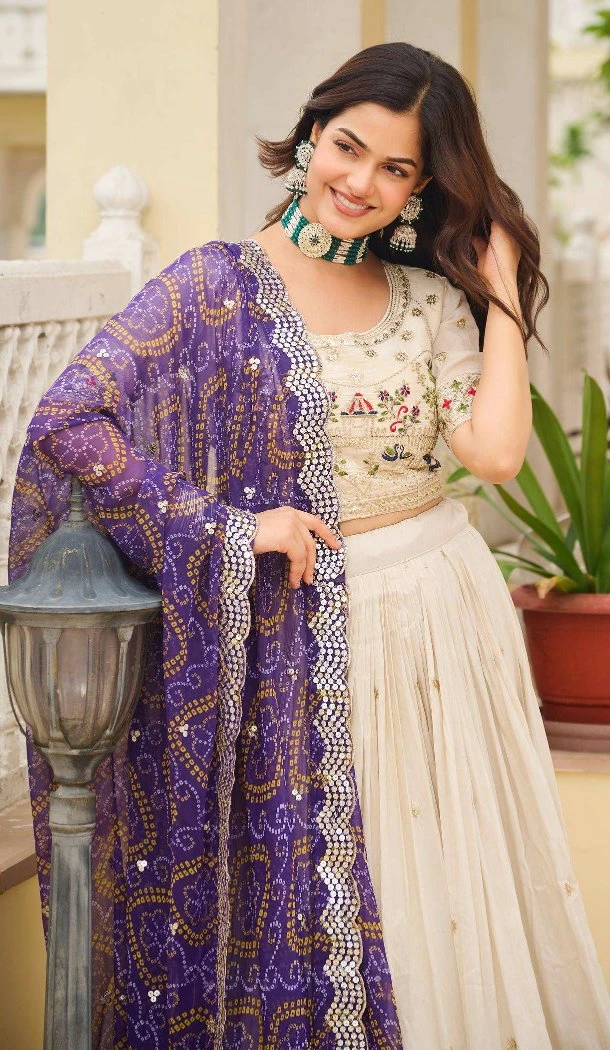 Women Cream Party Wear Lehenga Choli Pure Tissue Silk Embroidery - 13571213507