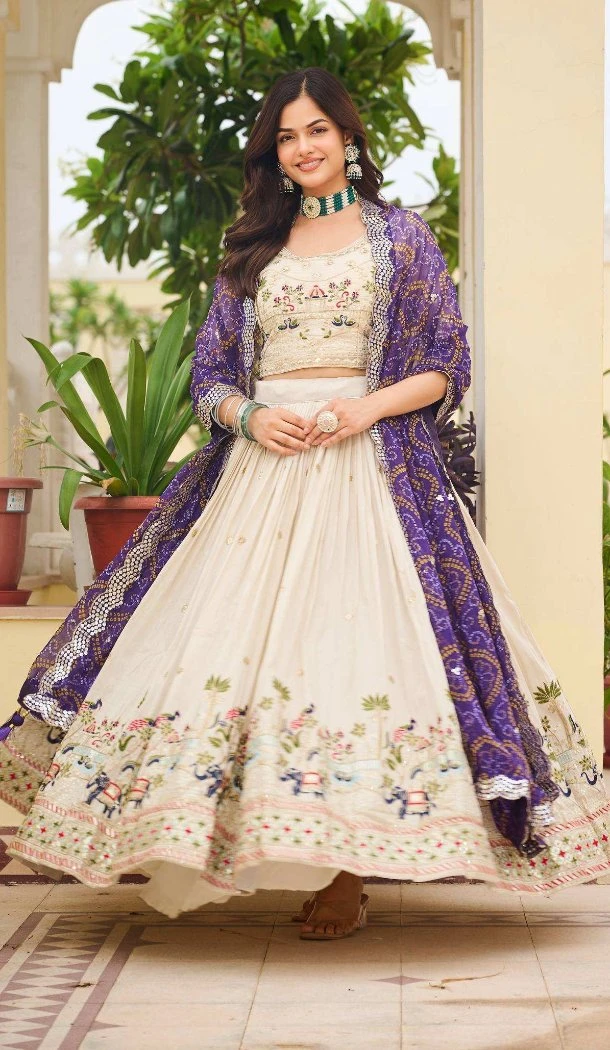 Women Cream Party Wear Lehenga Choli Pure Tissue Silk Embroidery - 13571213507