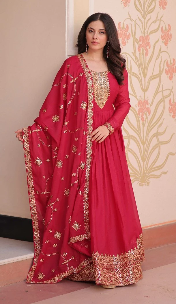 Women Pink Star Georgette Gown Embroidered - 213511