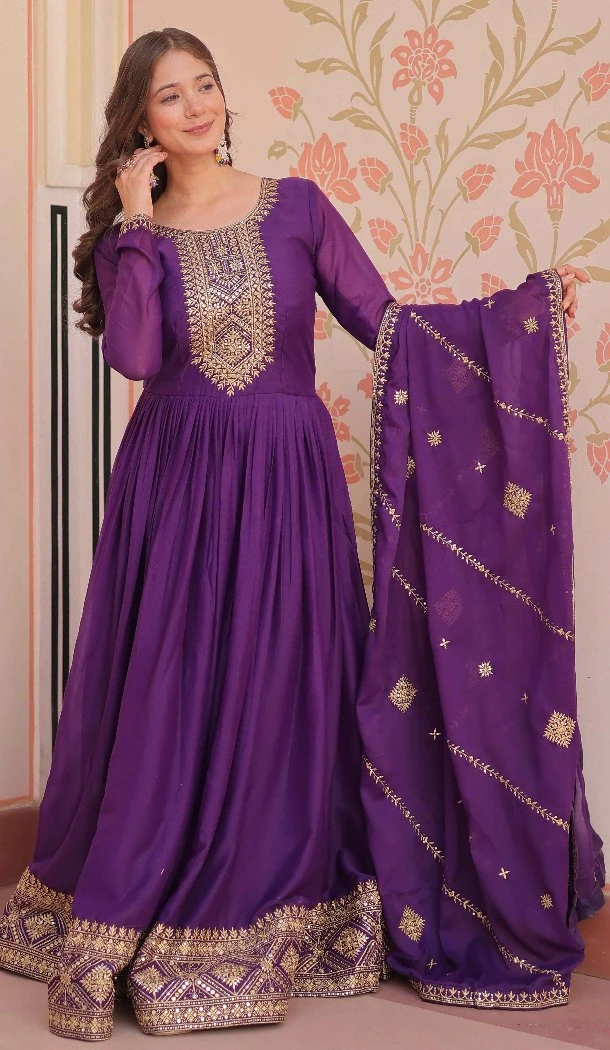 Women Embroidered Star Georgette Purple Gown - 213512