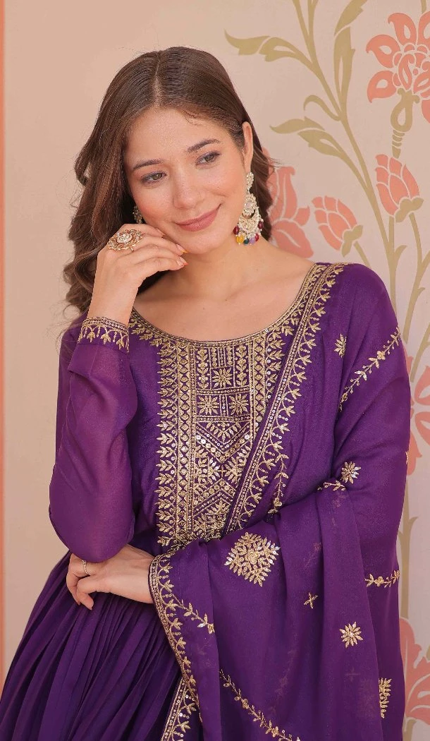 Women Embroidered Star Georgette Purple Gown - 213512