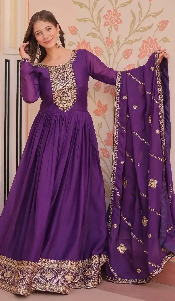 Women Embroidered Star Georgette Purple Gown - 213512