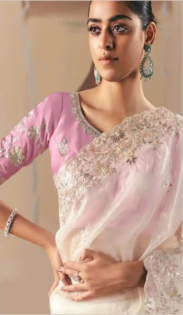 Women White Stone Work Designer Saree Plus Size Organza - 13583213558