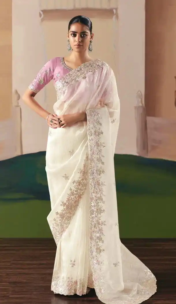 Women White Stone Work Designer Saree Plus Size Organza - 13583213558