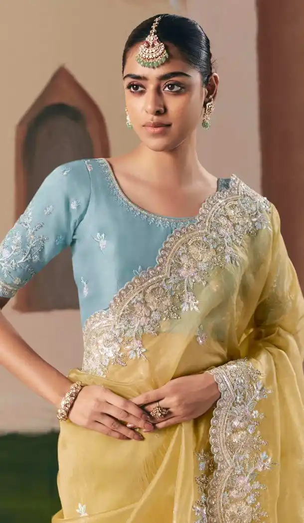 Women Designer Saree Plus Size Organza Yellow - 13583213559