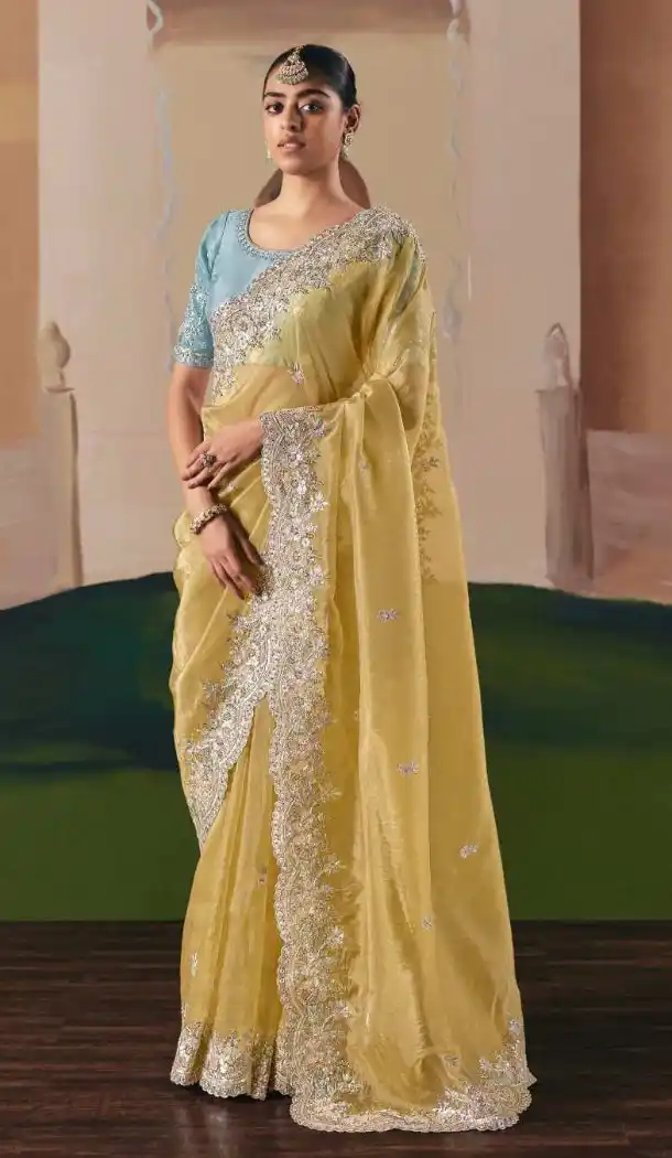 Women Designer Saree Plus Size Organza Yellow - 13583213559