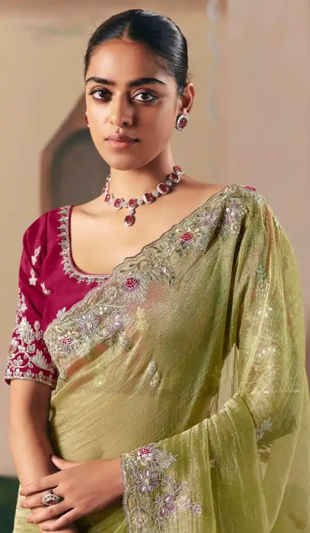 Women Pista Green Saree Plus Size Embroidery Work - 13583213561