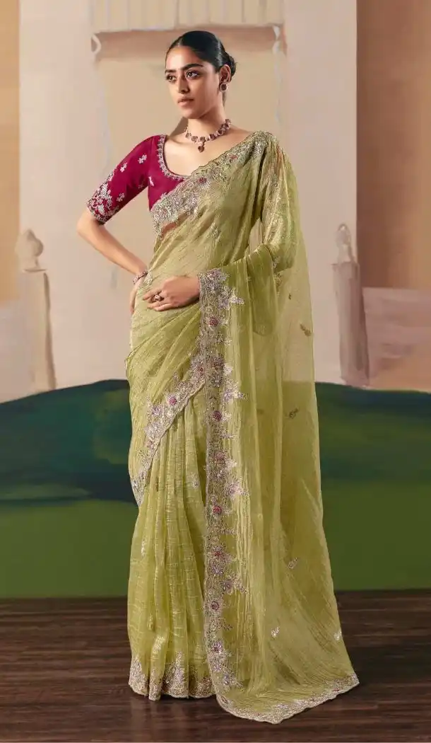Women Pista Green Saree Plus Size Embroidery Work - 13583213561