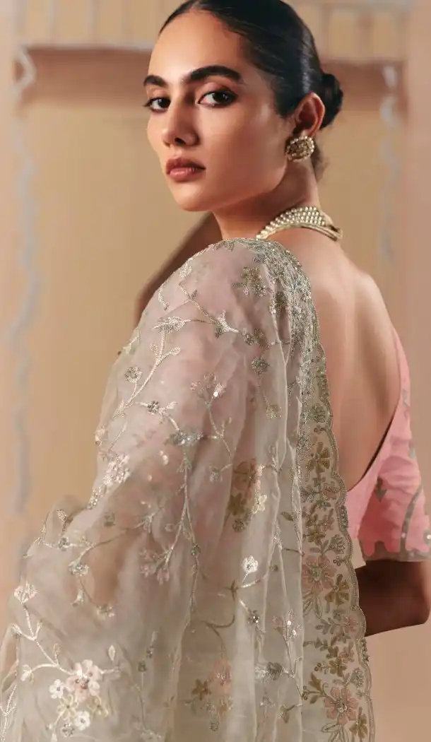 Women Embroidery Stone Work Organza Saree Plus Size - 13583213562