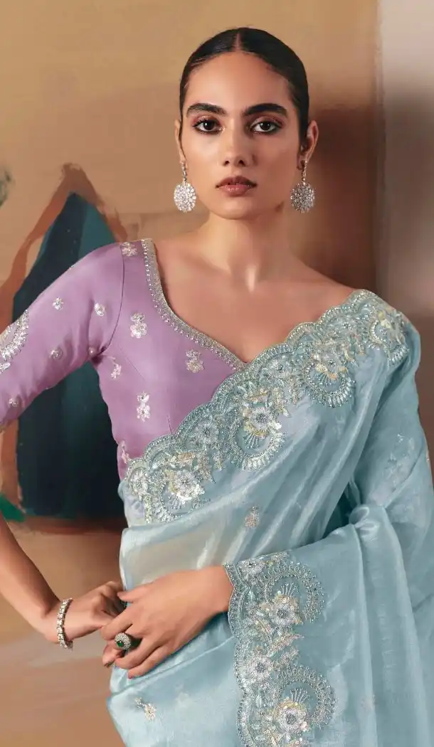 Women Sky Blue Saree Plus Size Embroidery Stone Work - 13583213563