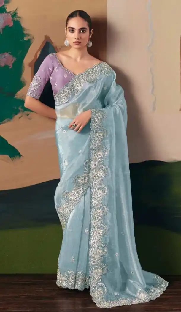 Women Sky Blue Saree Plus Size Embroidery Stone Work - 13583213563