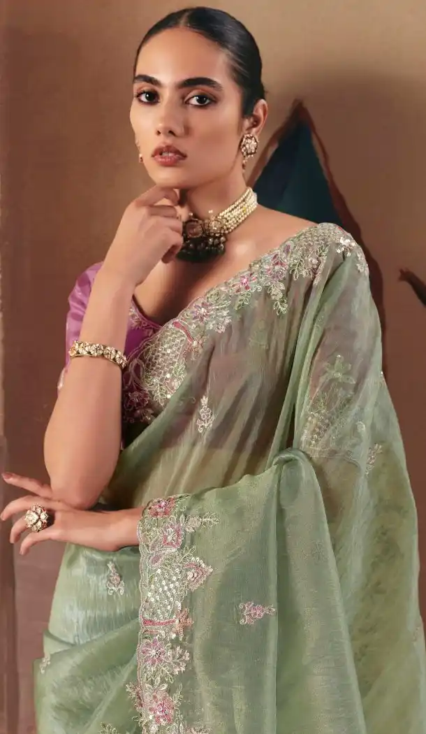 Women Embroidery Organza Designer Saree Plus Size - 13583213566