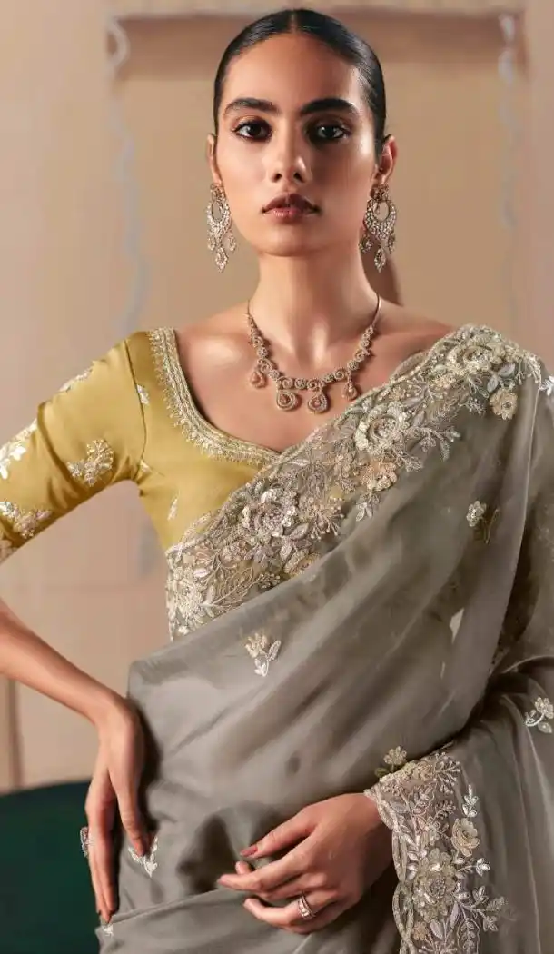 Women Stone Work Designer Saree Plus Size Grey - 13583213567