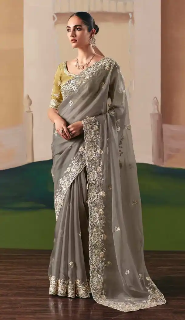 Women Stone Work Designer Saree Plus Size Grey - 13583213567