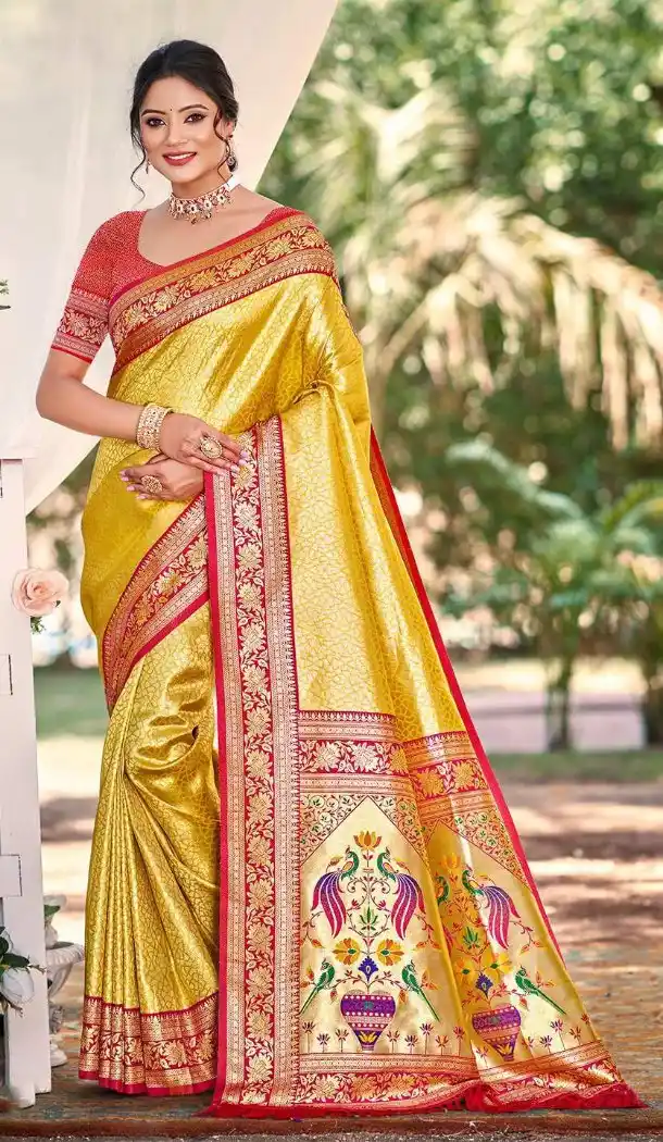 Women Jacquard Work Yellow Party Wear Saree Kanjivaram Silk - 13602213640