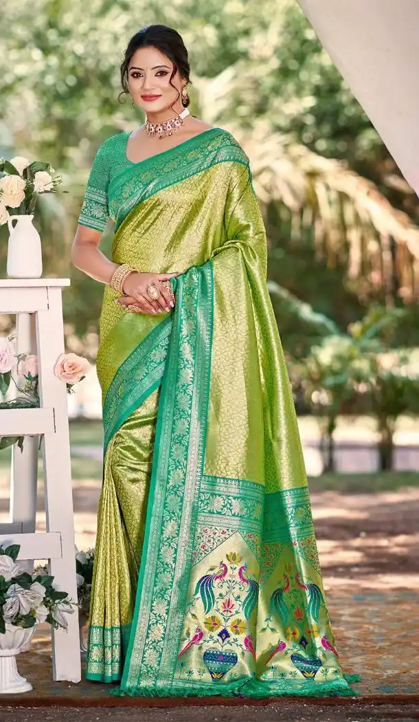 Women Party Wear Saree Pista Jacquard Work Kanjivaram Silk - 13602213641
