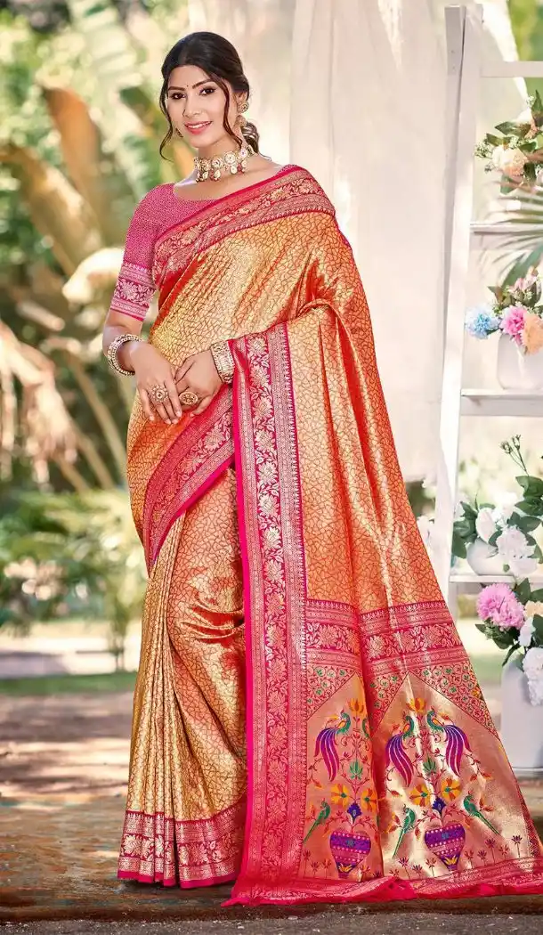 Women Kanjivaram Silk Orange Jacquard Work Party Wear Saree - 13602213642