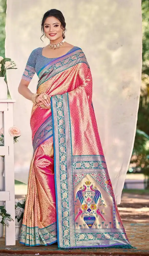 Women Jacquard Work Pink Kanjivaram Silk Party Wear Saree - 13602213643