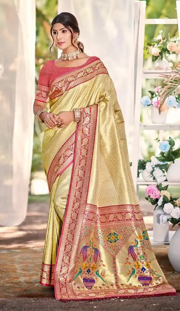 Women Kanjivaram Silk Jacquard Work Party Wear Saree Cream - 13602213644