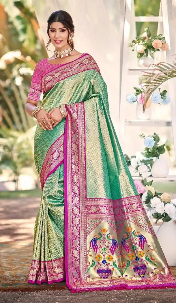 Women Blue Jacquard Work Party Wear Saree Kanjivaram Silk - 13602213645