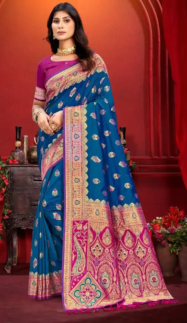 Women Silk Jacquard Work Royal Blue Traditional Wear Saree - 13605213658
