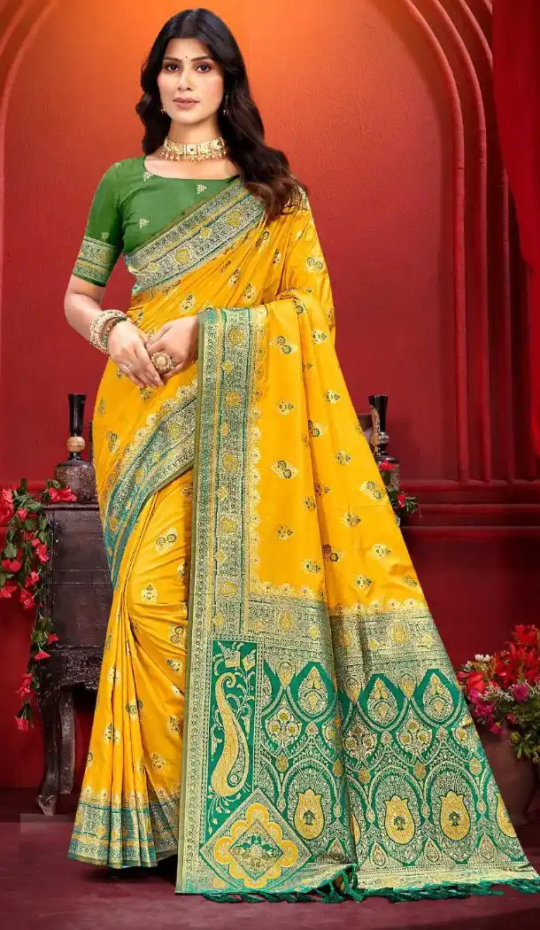 Women Silk Traditional Wear Saree Jacquard Work Yellow - 13605213659