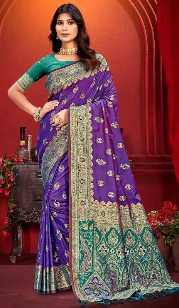 Women Jacquard Work Silk Purple Traditional Wear Saree - 13605213660