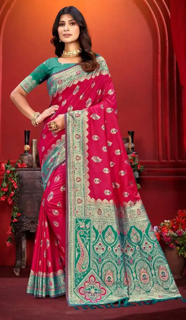 Women Silk Traditional Wear Saree Pink Jacquard Work - 13605213662