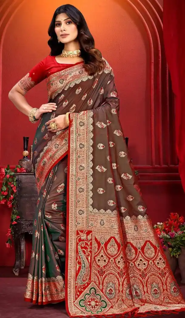 Women Brown Traditional Wear Saree Silk Jacquard Work - 13605213663