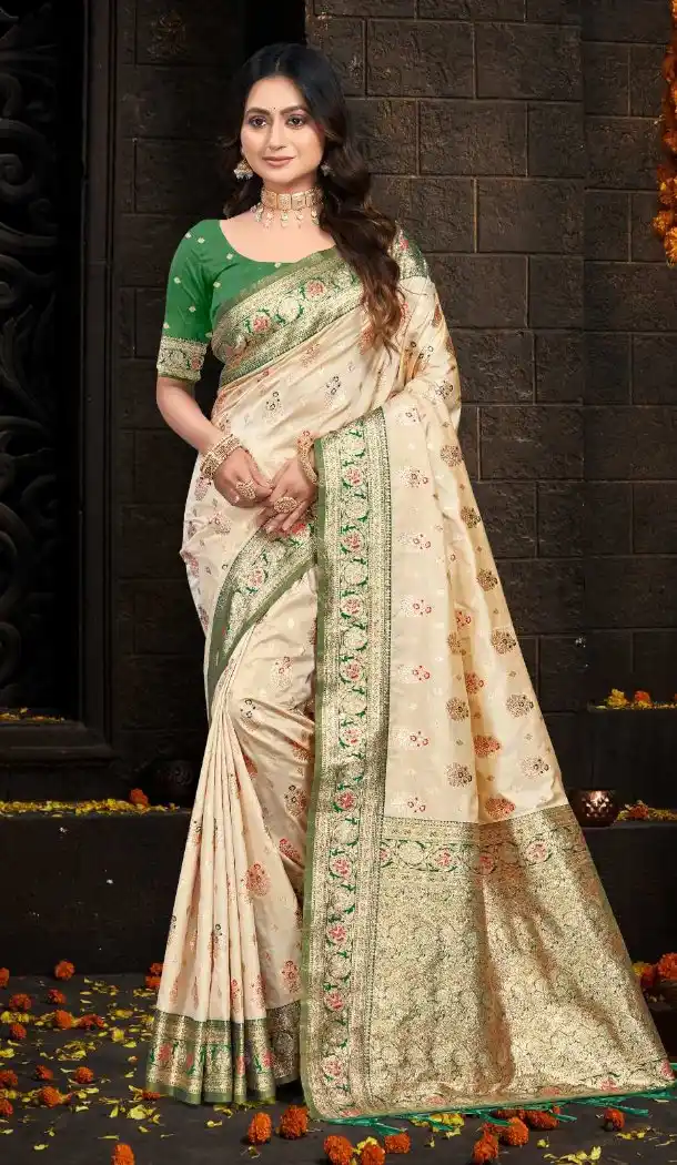 Women Cream Traditional Wear Saree Weaving Work Silk - 13621213729