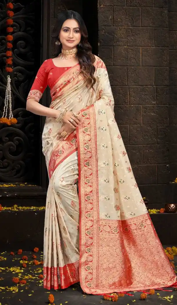 Women Weaving Work Silk Cream Traditional Wear Saree - 13621213730