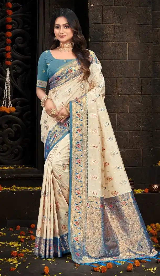 Women Silk Traditional Wear Saree Cream Weaving Work - 13621213731
