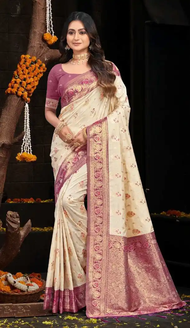 Women Silk Traditional Wear Saree Cream Weaving Work - 13621213732
