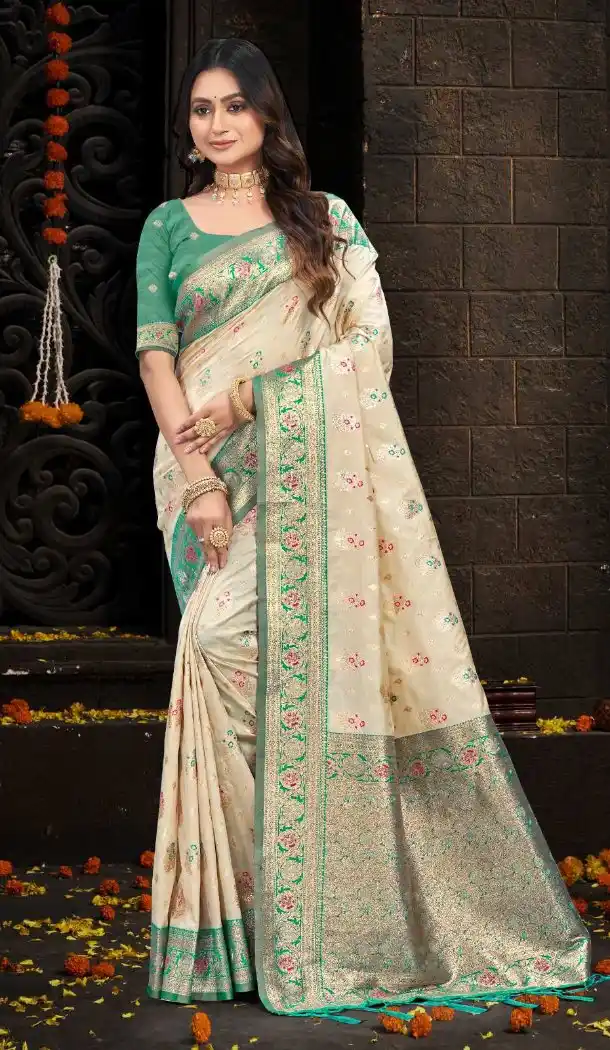 Women Weaving Work Traditional Wear Saree Silk Cream - 13621213733