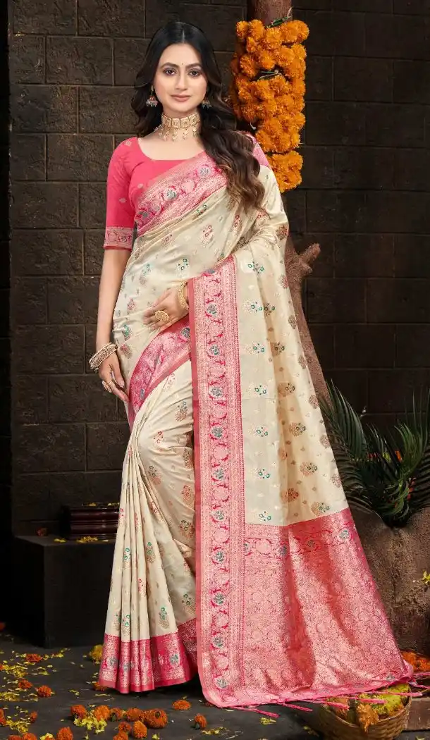 Women Weaving Work Silk Traditional Wear Saree Cream - 13621213734