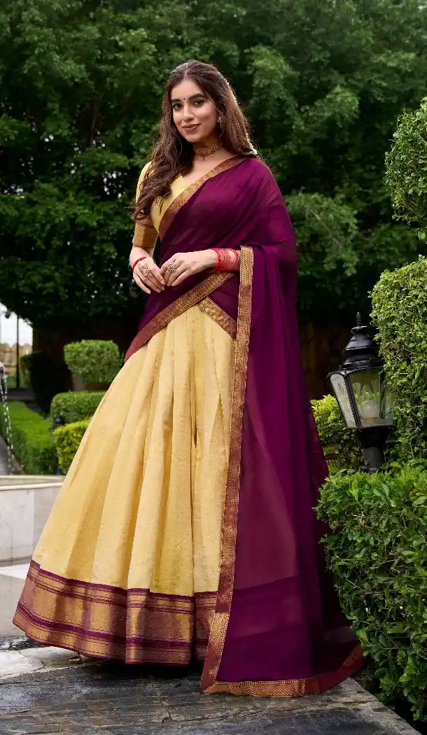 Women Zari Work Kanchipuram Silk Traditional Lehenga Choli Cream - 13625213752