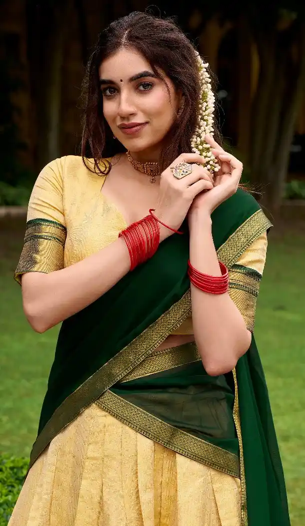 Women Cream Zari Work Traditional Lehenga Choli Kanchipuram Silk - 13625213753