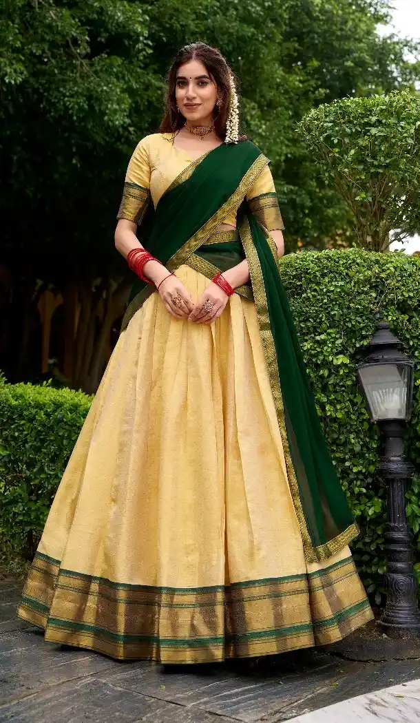 Women Cream Zari Work Traditional Lehenga Choli Kanchipuram Silk - 13625213753