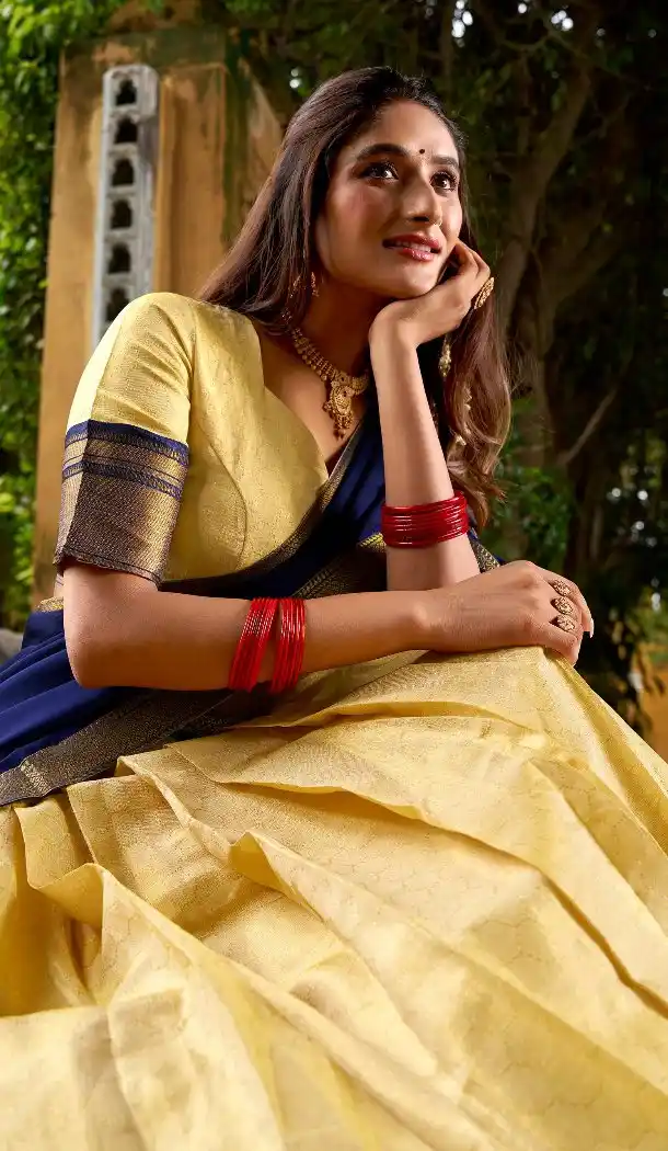 Women Kanchipuram Silk Traditional Lehenga Choli Zari Work Cream - 13625213754