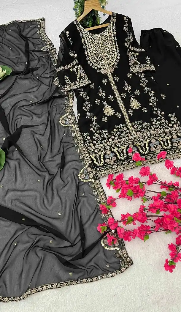 Women Pakistani Suit Georgette Black Sequins Embroidery Work - 13628213760