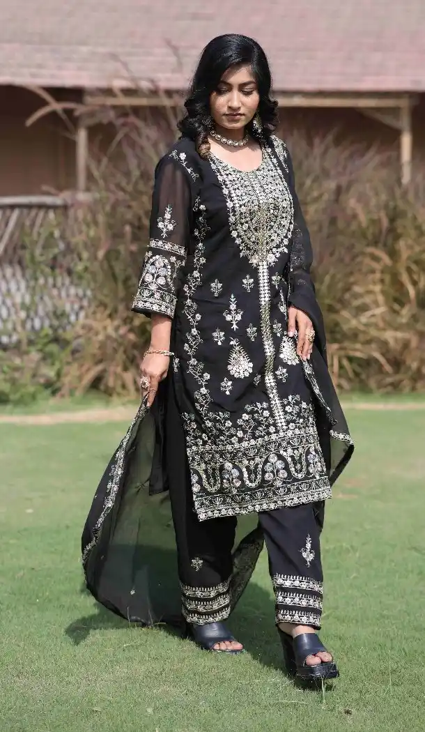 Women Pakistani Suit Georgette Black Sequins Embroidery Work - 13628213760