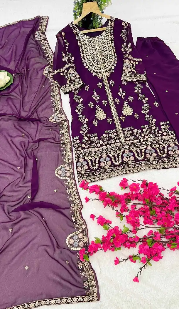 Women Sequins Embroidery Work Pakistani Suit Wine Georgette - 13628213762