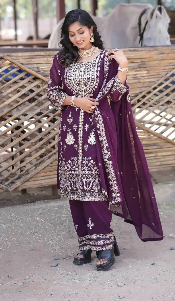 Women Sequins Embroidery Work Pakistani Suit Wine Georgette - 13628213762