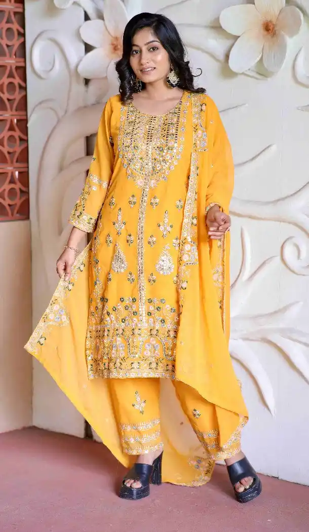 Women Georgette Sequins Embroidery Work Pakistani Suit Yellow - 13628213763